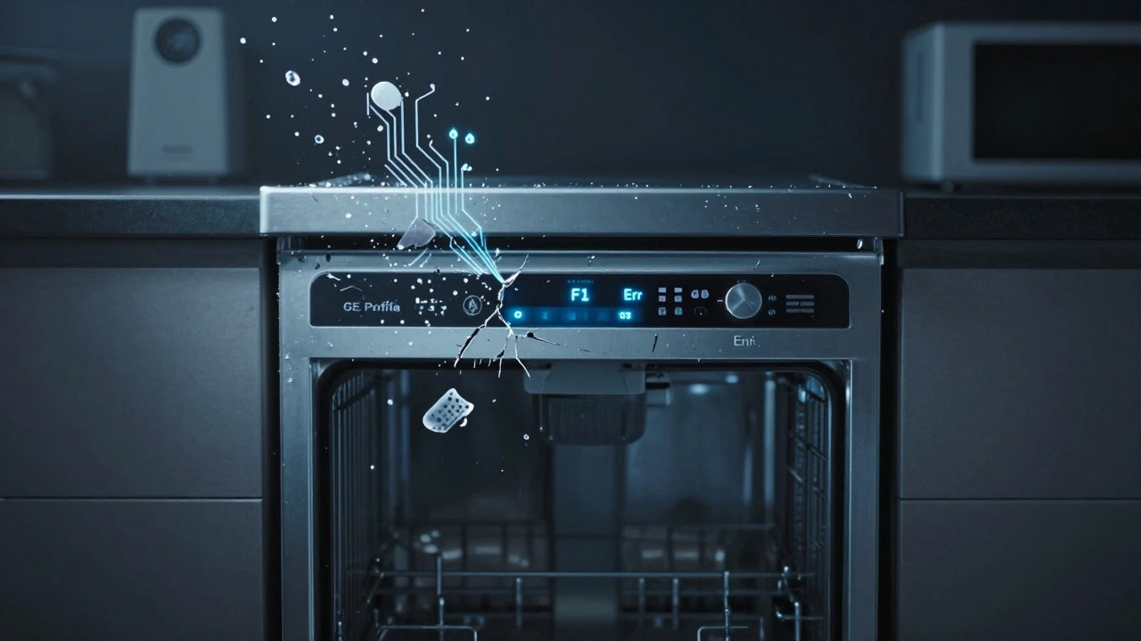 A GE Profile dishwasher with glowing error codes and floating circuit fragments, surrounded by moisture in a dark kitchen.