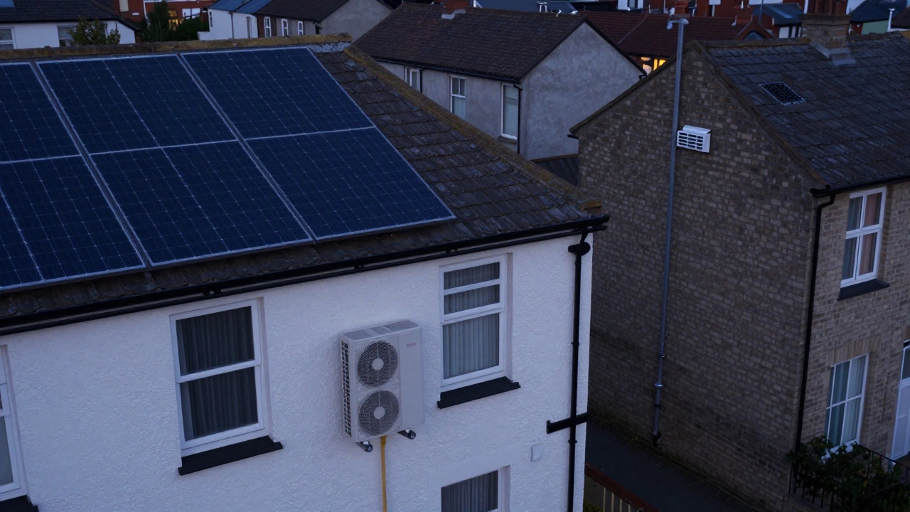 A row of UK terraced houses at dusk, one with solar panels and a heat pump, another still using gas, symbolizing energy transition.