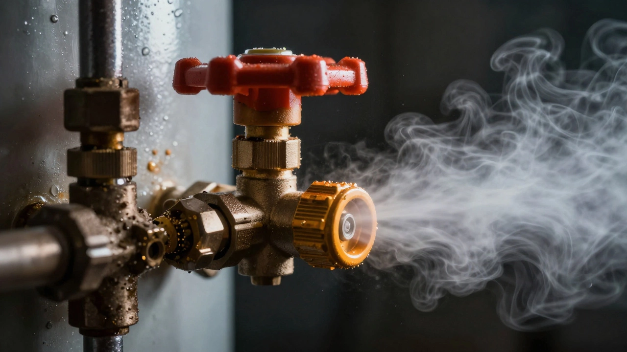 Clogged pressure relief valve releasing steam from water heater.