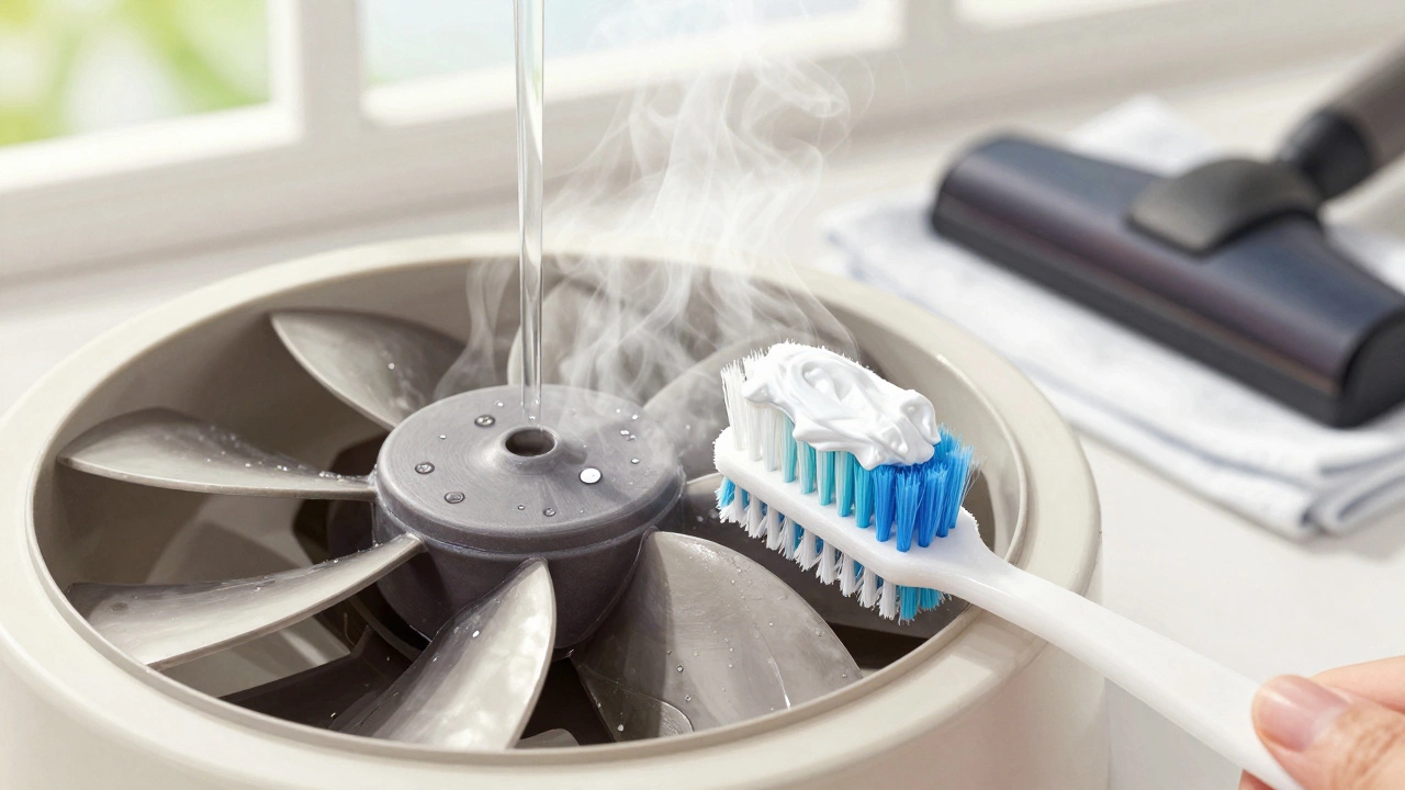 Close-up of fan blades being cleaned with baking soda paste and toothbrush under running water.