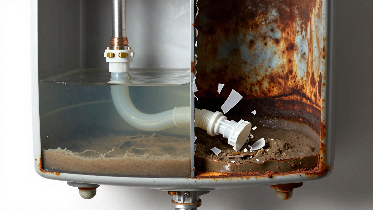 Cross-section of a water heater showing broken dip tube and sediment buildup.