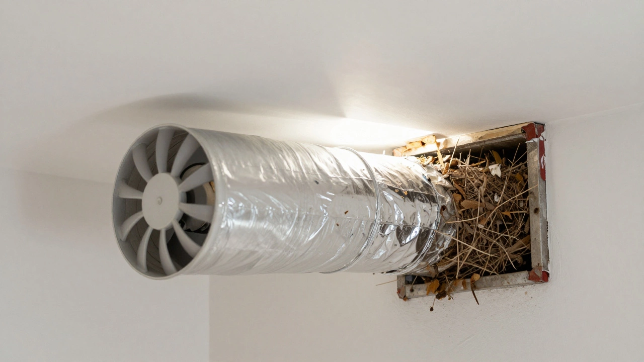 Cross-section of duct system showing clean fan and blocked vent with bird nest and foil tape.