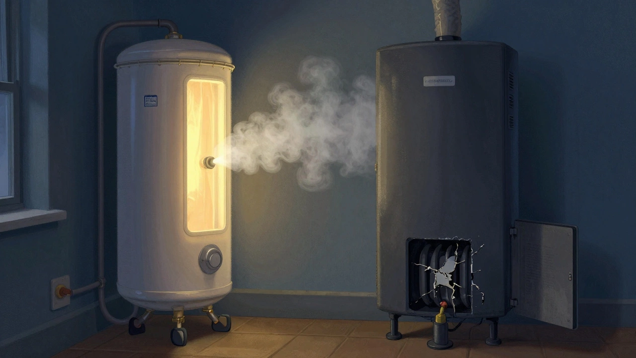 Hot water cylinder glowing warmly while a silent, damaged boiler sits beside it in shadow.