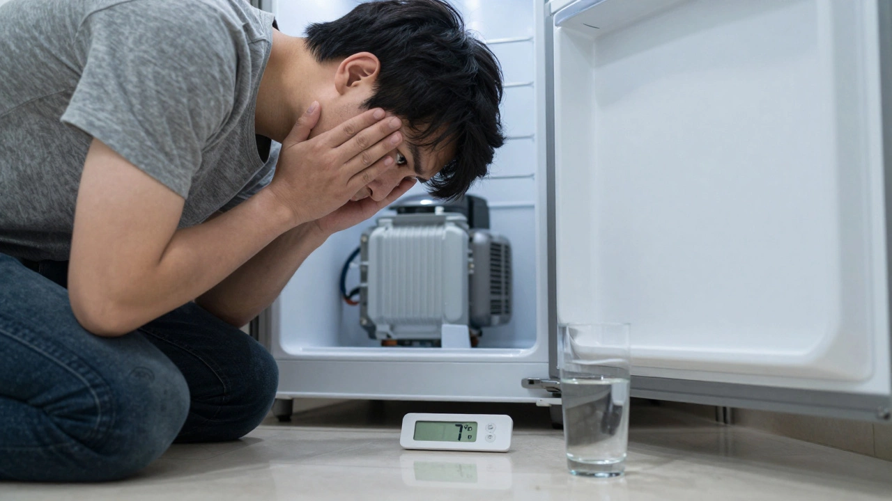 Person listening closely to fridge bottom, thermometer showing elevated temperature.