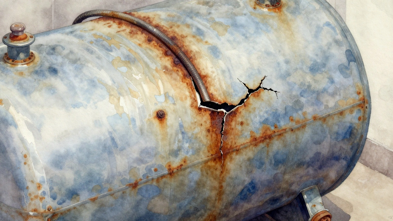 Rusted water heater tank leaking discolored water with corroded anode rod.