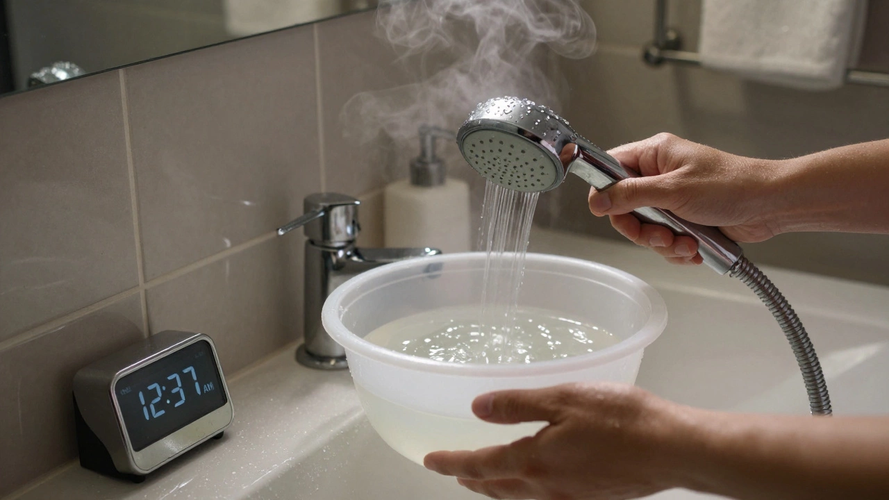 Showerhead soaking in white vinegar in a bathroom, steam rising, timer visible on counter