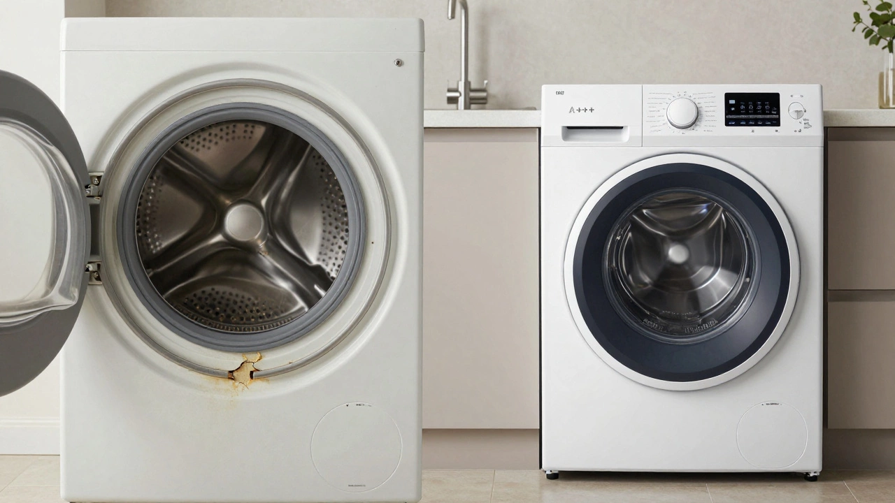 Side-by-side of an old noisy dryer and a modern energy-efficient dryer in a laundry room.