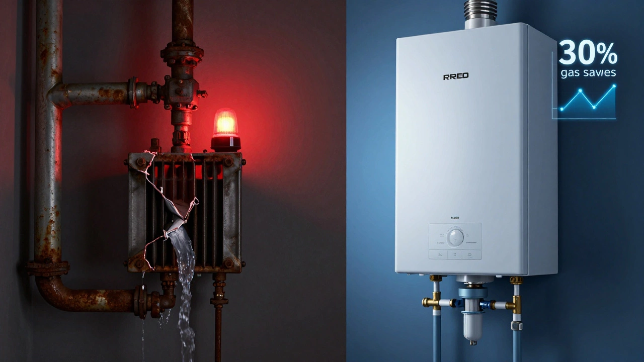 Split image: old leaking boiler versus new efficient one with energy savings graph above.