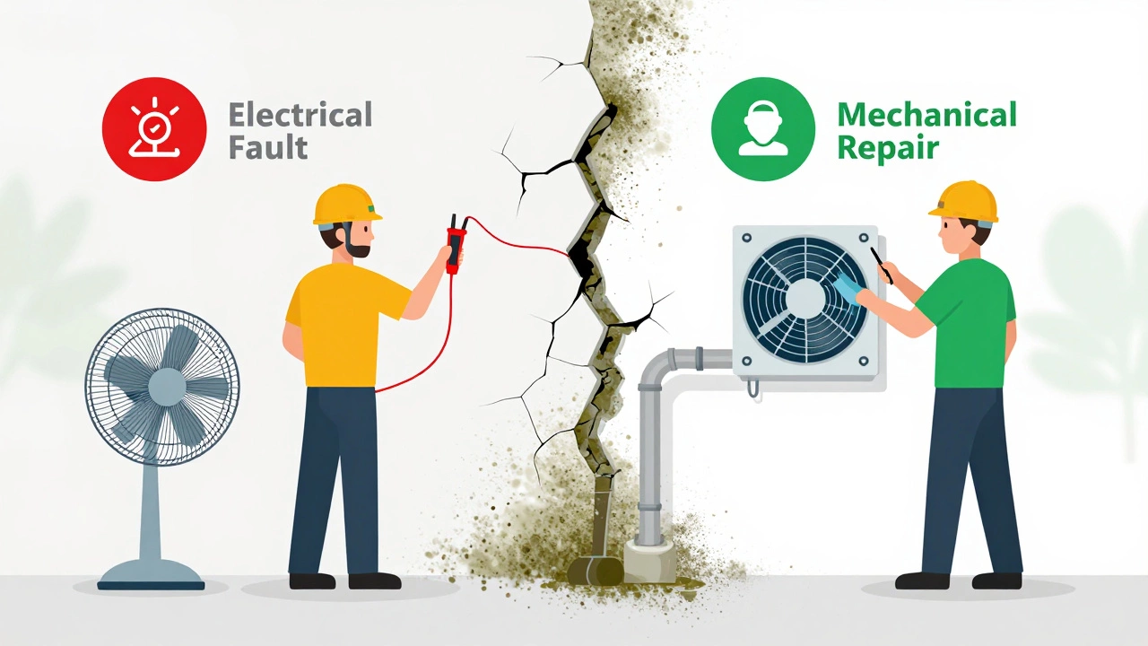 Split view: electrician checking wires vs. specialist repairing fan, with mould damage in center.