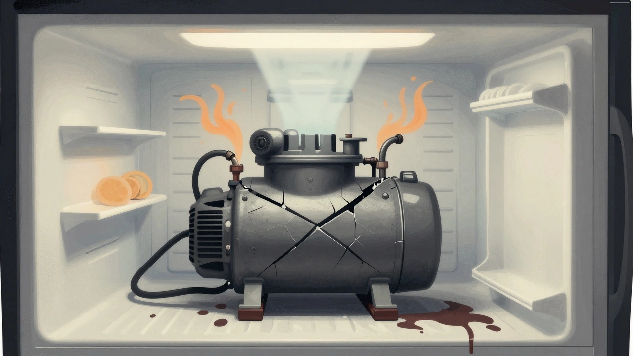 Stylized fridge with dead compressor at its core, refrigerant leaking into darkness.