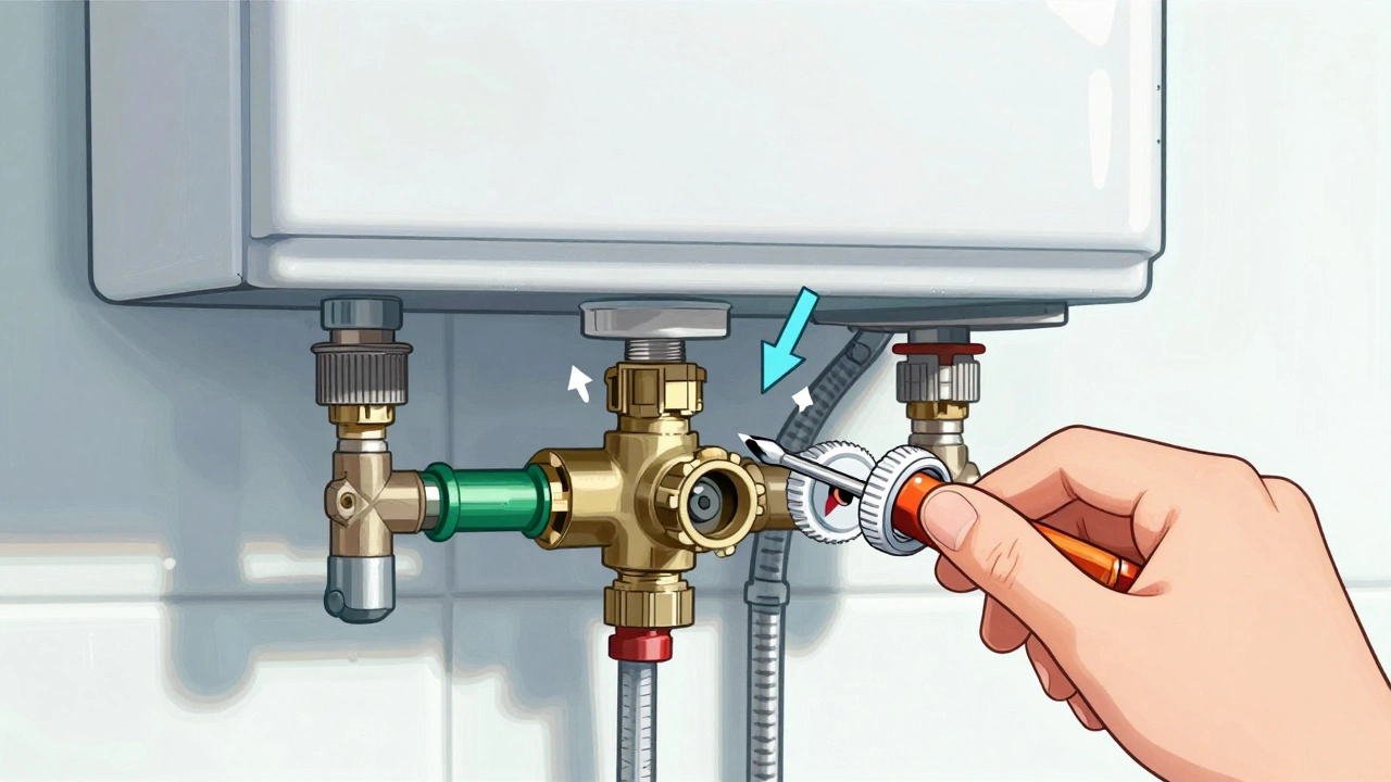 Technical illustration of a combi boiler's stuck diverter valve with water flow arrows