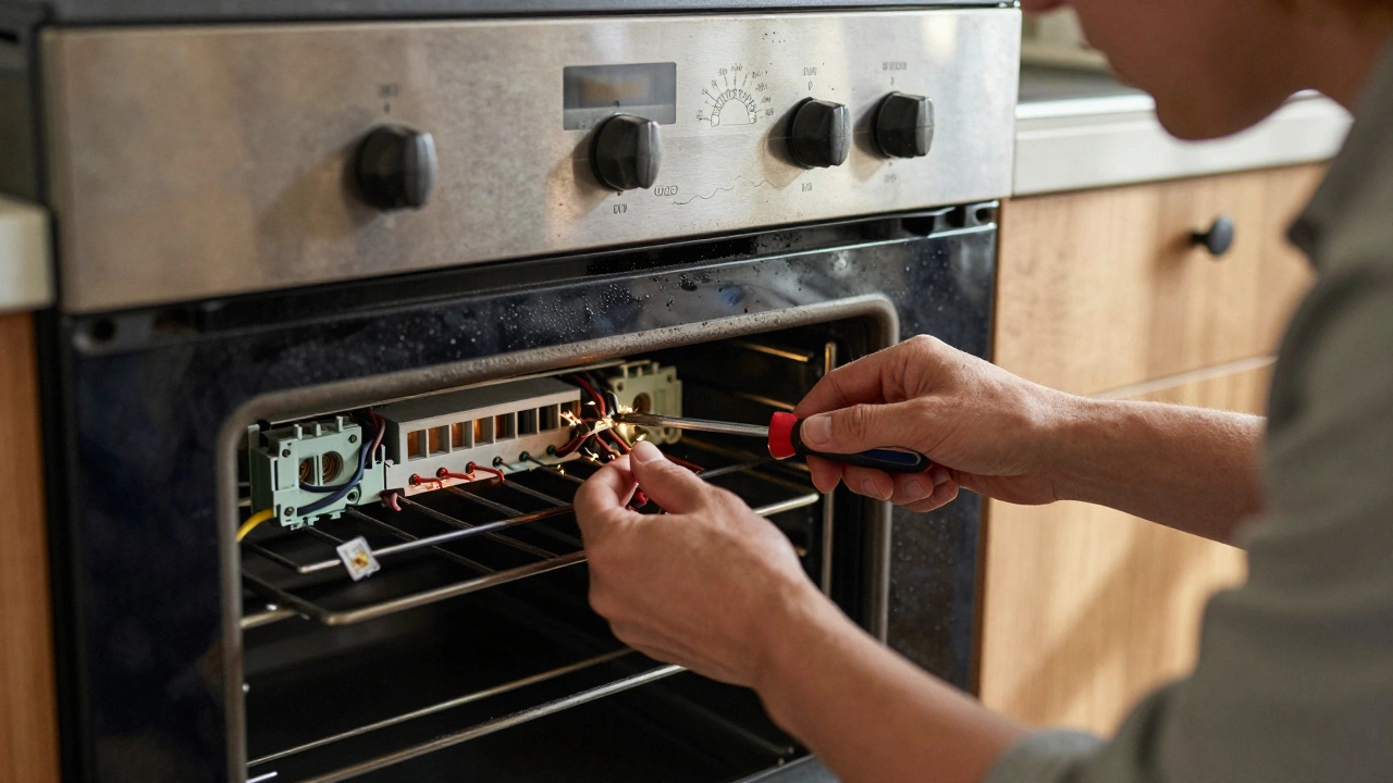 A person tightening loose, damaged wires behind an oven, with a dark control panel and oven thermometer showing incorrect temperature.
