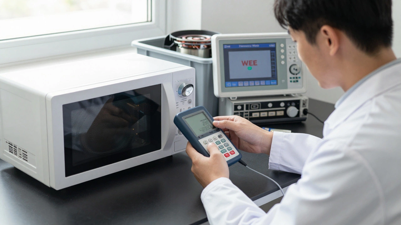 A technician testing a microwave for radiation leaks using a calibrated detector on a workbench.