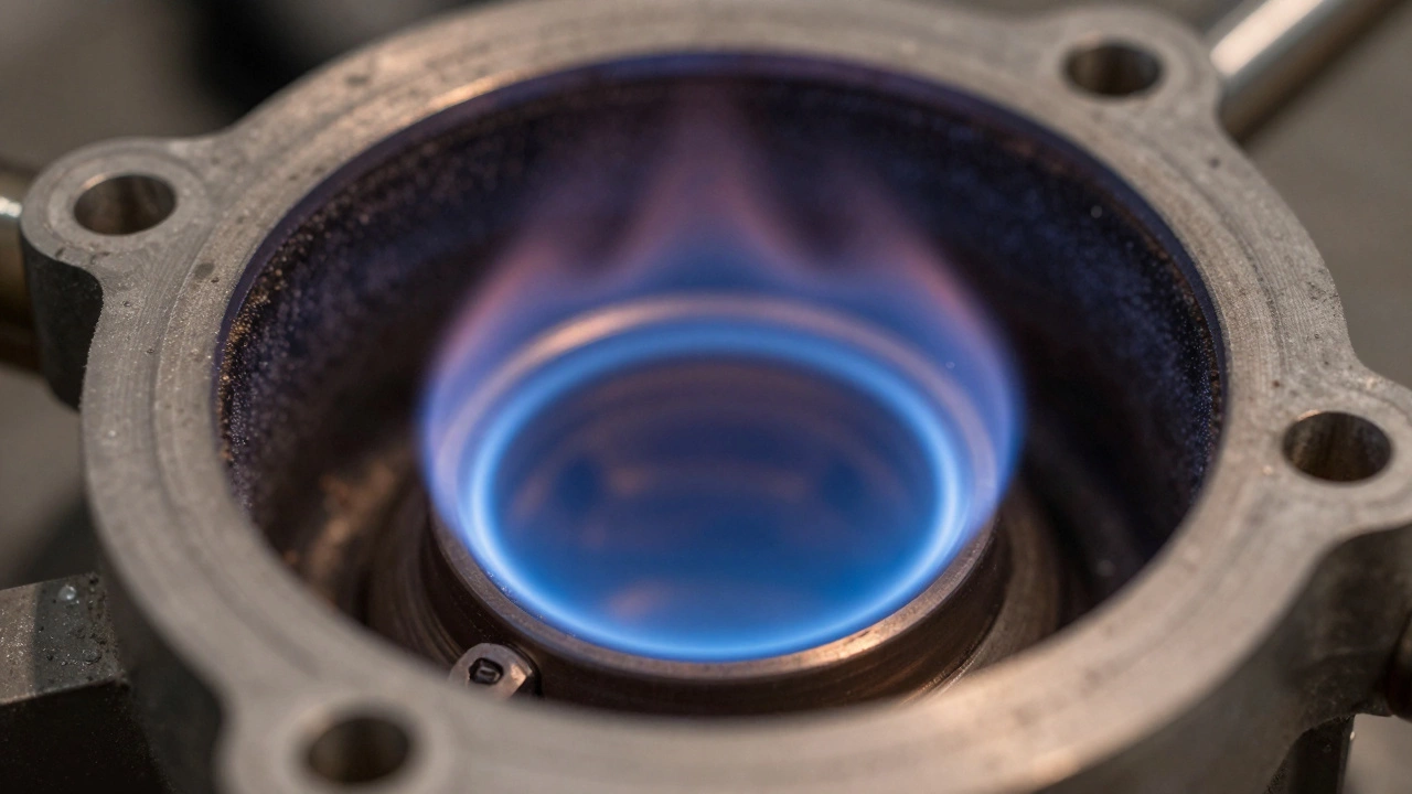 Close-up view of a safe blue gas flame inside a combustion chamber.