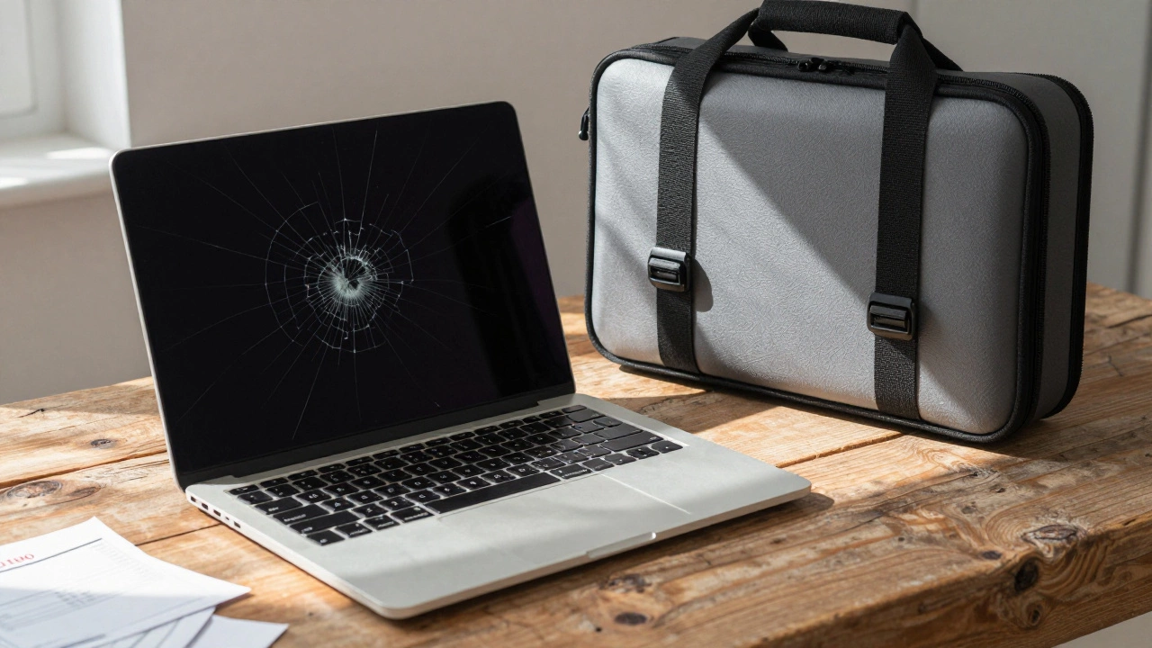 Cracked laptop beside a protective sleeve on a wooden desk.