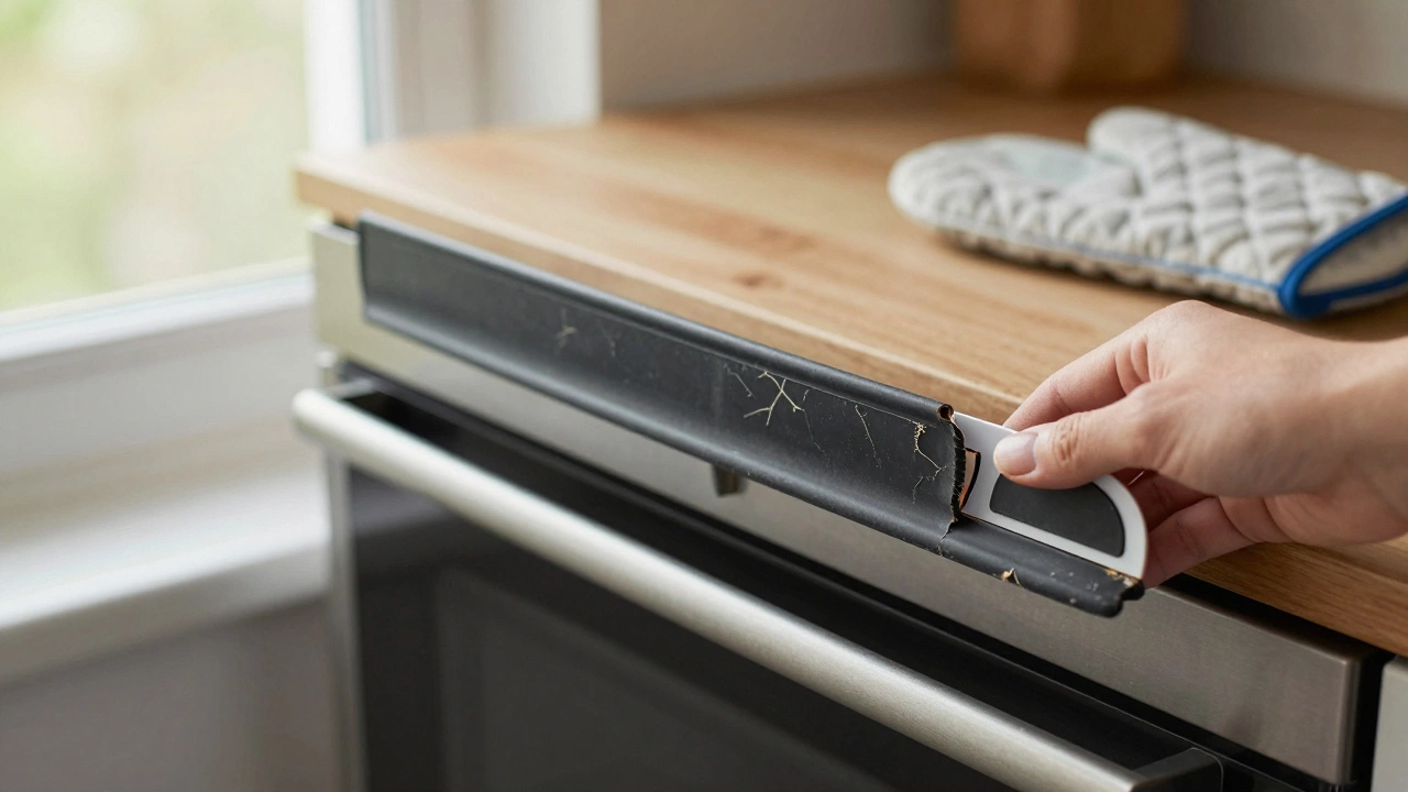 Cracked oven door seal leaking heat, with a new seal being installed in the groove.