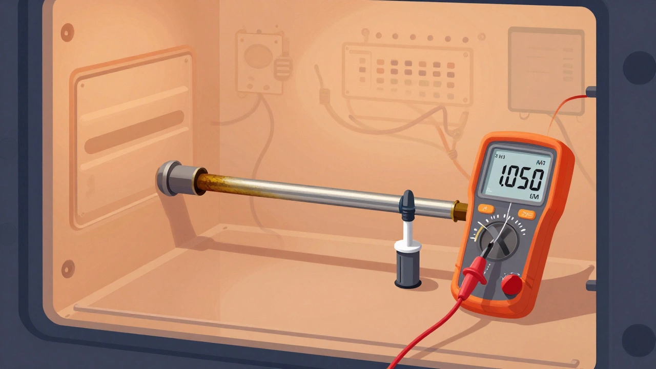 Cross-section of an oven showing a corroded temperature sensor being tested with a multimeter.