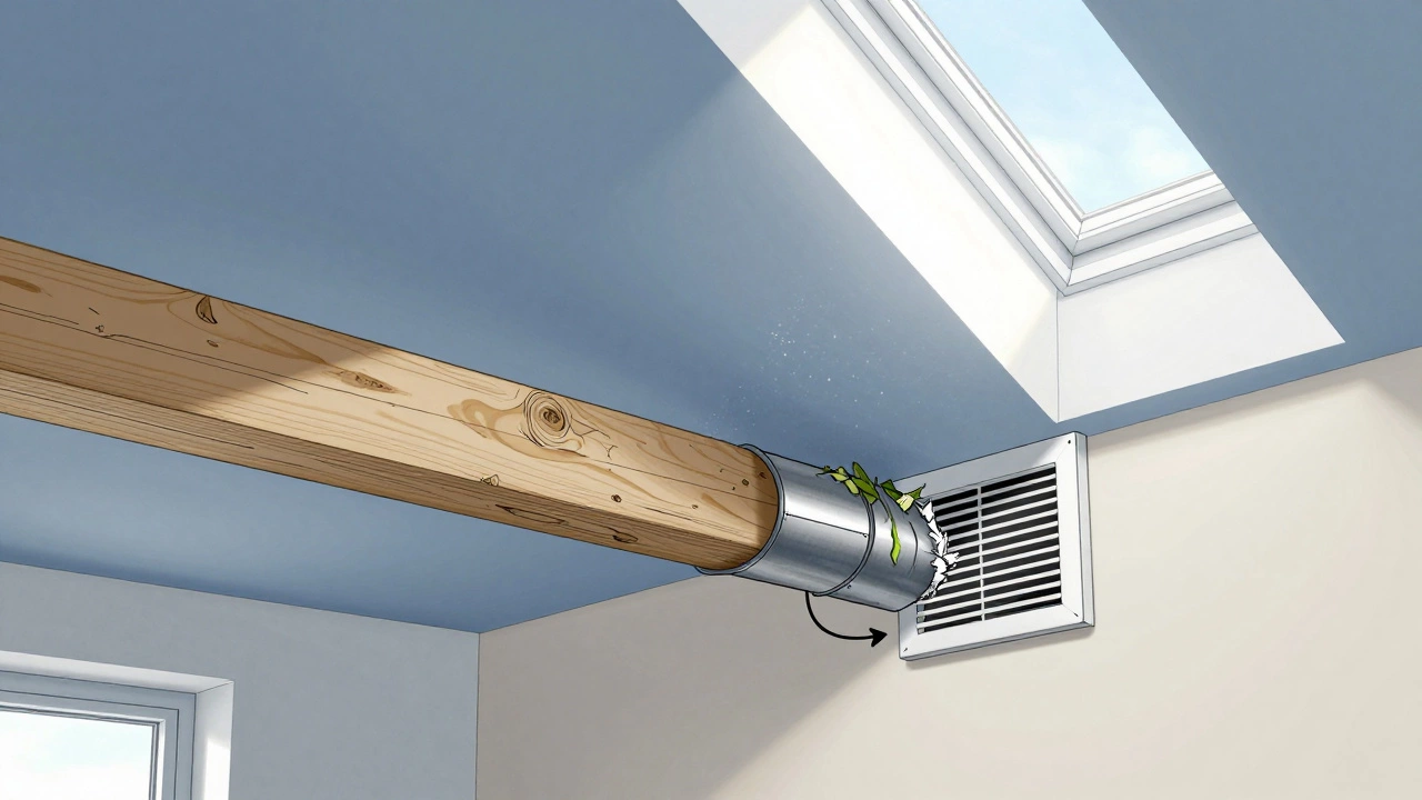 Cross-section of ducting from kitchen fan to external vent, showing a crushed pipe and blocked outlet.