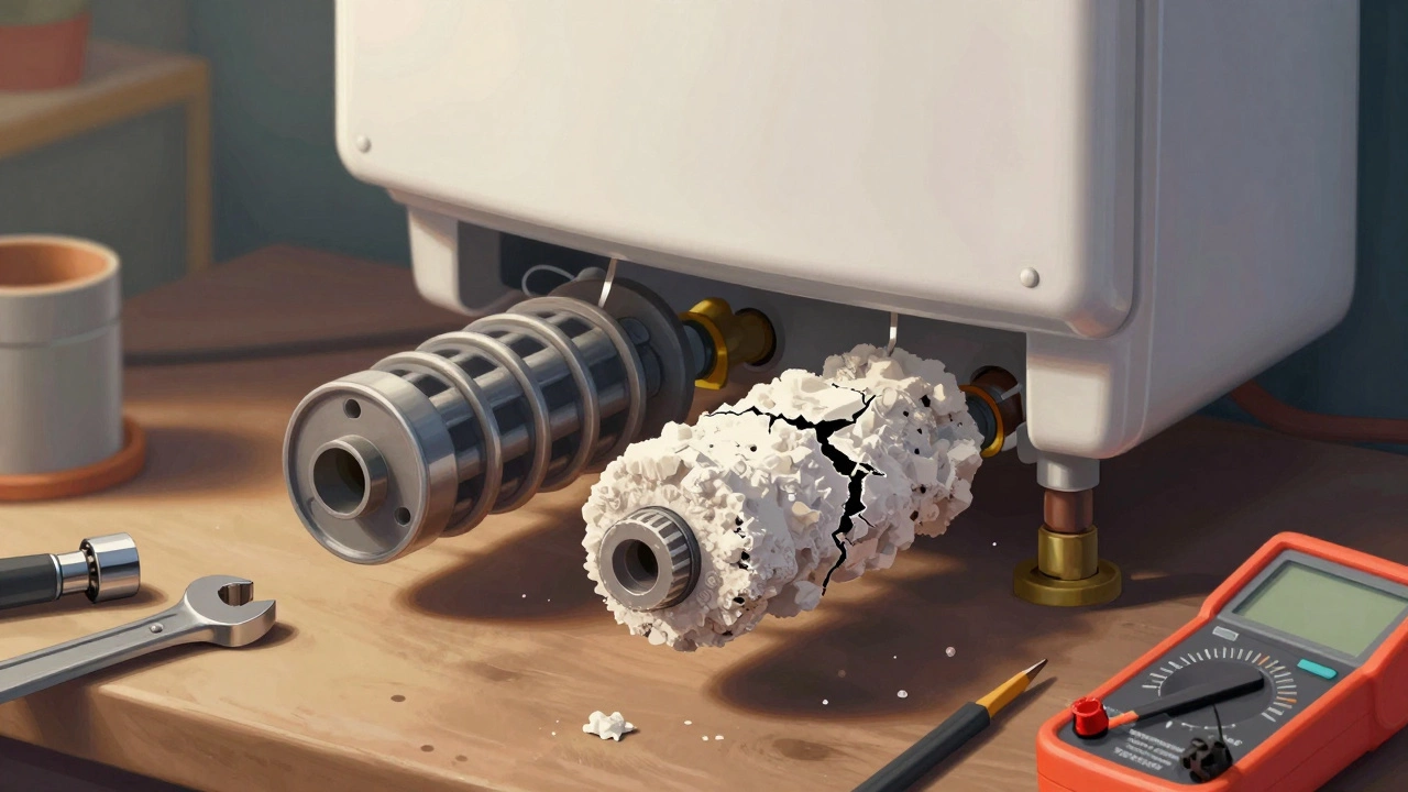 Electric water heater heating elements showing mineral buildup, with tools for replacement nearby.