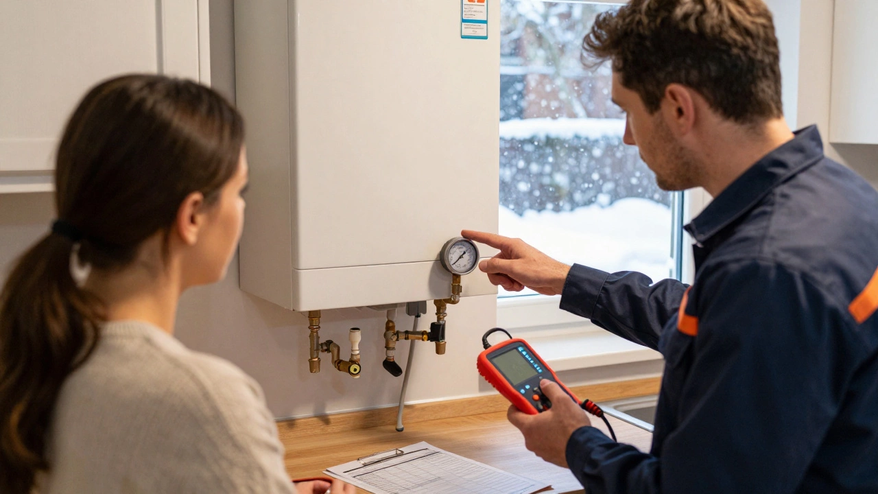 Gas Safe engineer checking a boiler's pressure gauge in a UK kitchen with diagnostic tools.