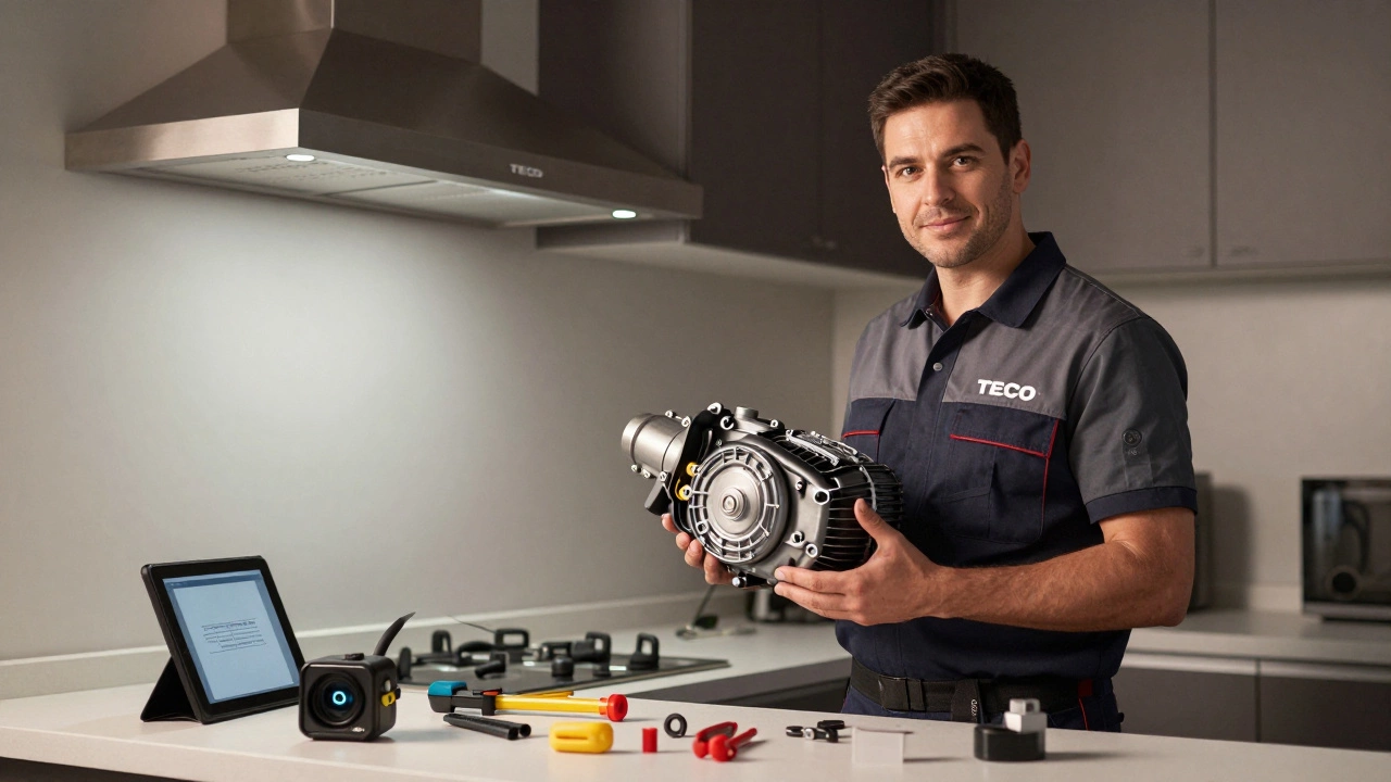 Gas Safe engineer holding a replacement motor beside a kitchen hood, with inspection tools and tablet visible.