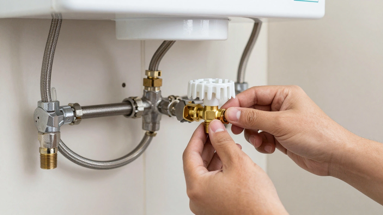 Hand replacing a water heater drain valve with a brass replacement and tools nearby.