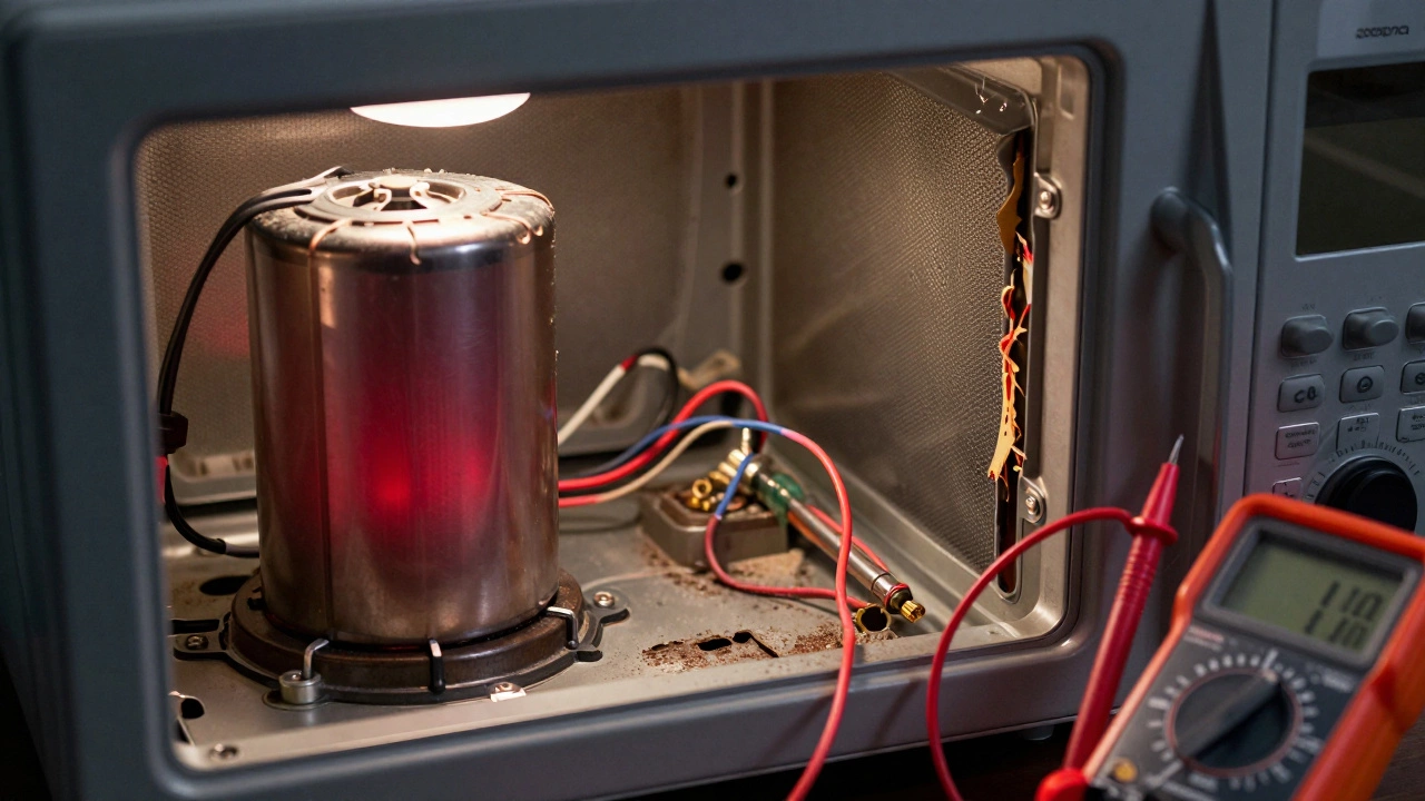 Inside a microwave showing a glowing capacitor and damaged door seal, with tools nearby.