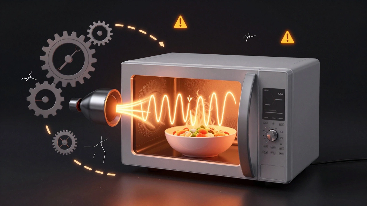 Magnetron depicted as a heart powering food heating, surrounded by symbols of aging and danger.