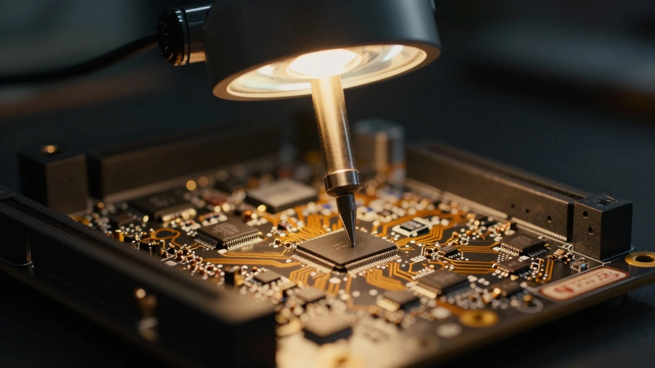Microscopic view of laptop motherboard repair with soldering tools.