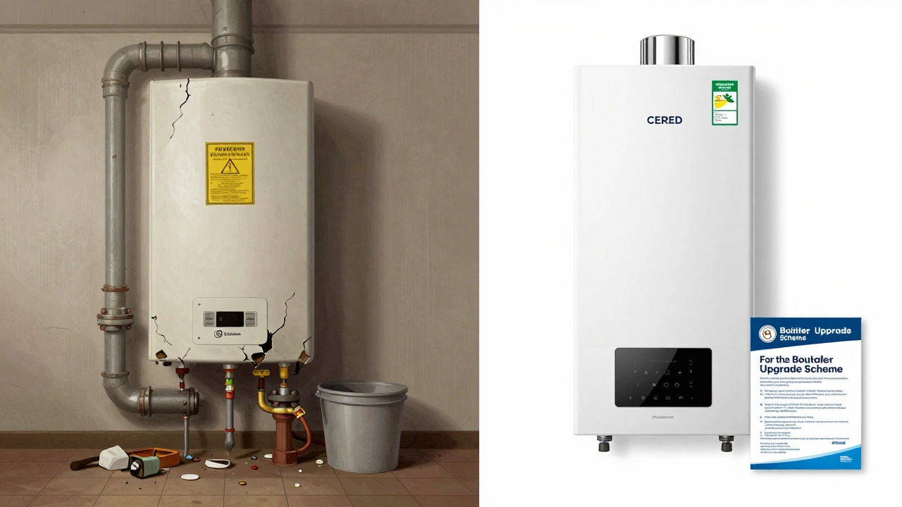 Old faulty boiler versus new efficient model with government upgrade scheme leaflet.