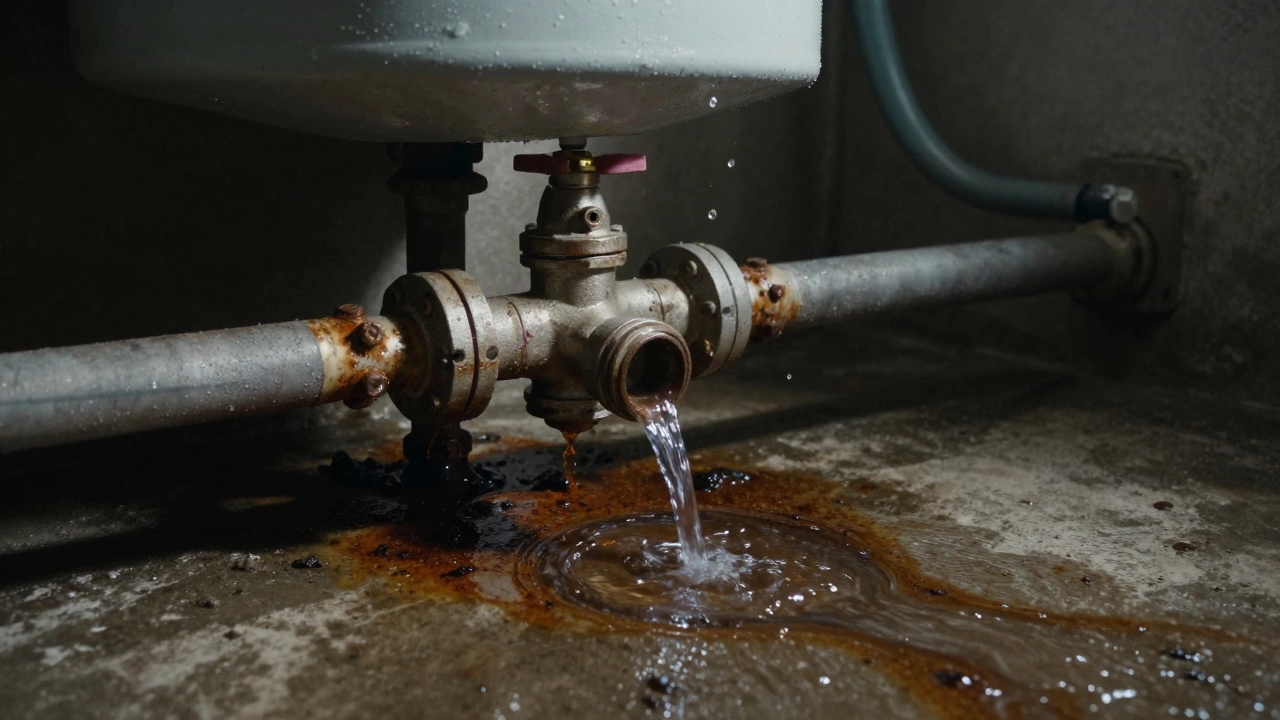 Pressure relief valve leaking water onto a basement floor, with rust stains spreading under the tank.