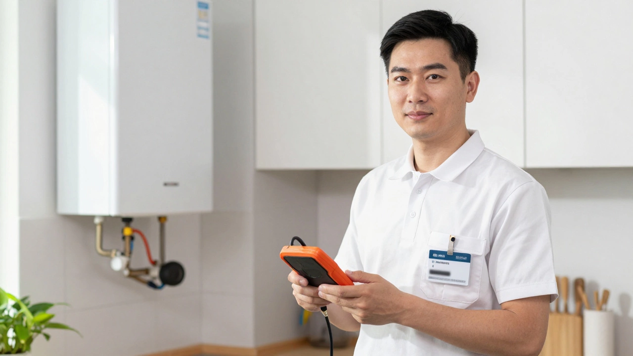 Qualified engineer inspecting boiler with professional safety equipment.