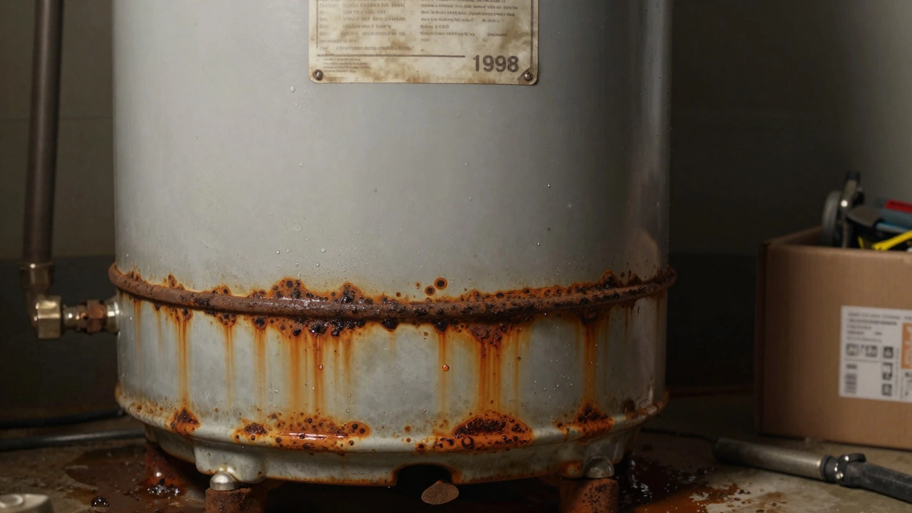 Rusted water heater tank with water pooling at the base, showing signs of long-term corrosion.