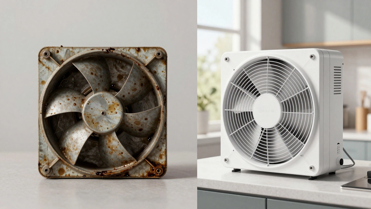 Side-by-side comparison of an old, greasy extractor fan versus a modern quiet model with smart features.