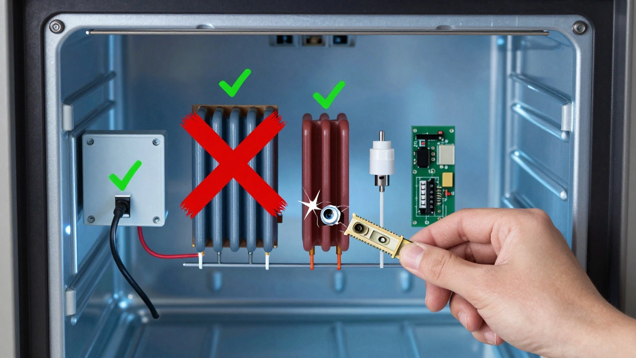 X-ray view of an oven's internal parts, highlighting faulty components with red Xs and replacement parts ready for installation.