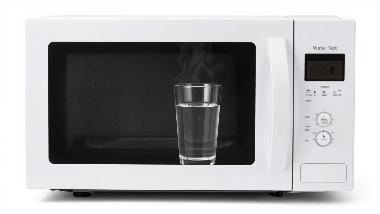 A glass of water on a microwave turntable during a heating test