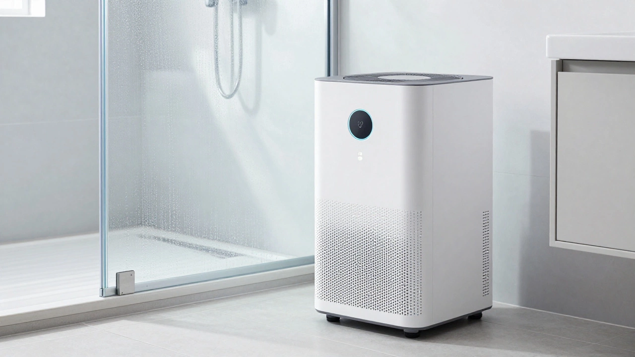 A modern dehumidifier operating on a bathroom floor to remove moisture