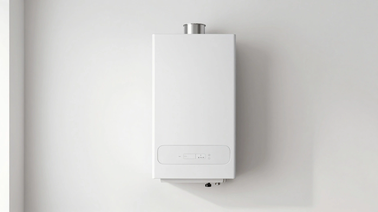 A newly installed modern white boiler on a clean, white interior wall