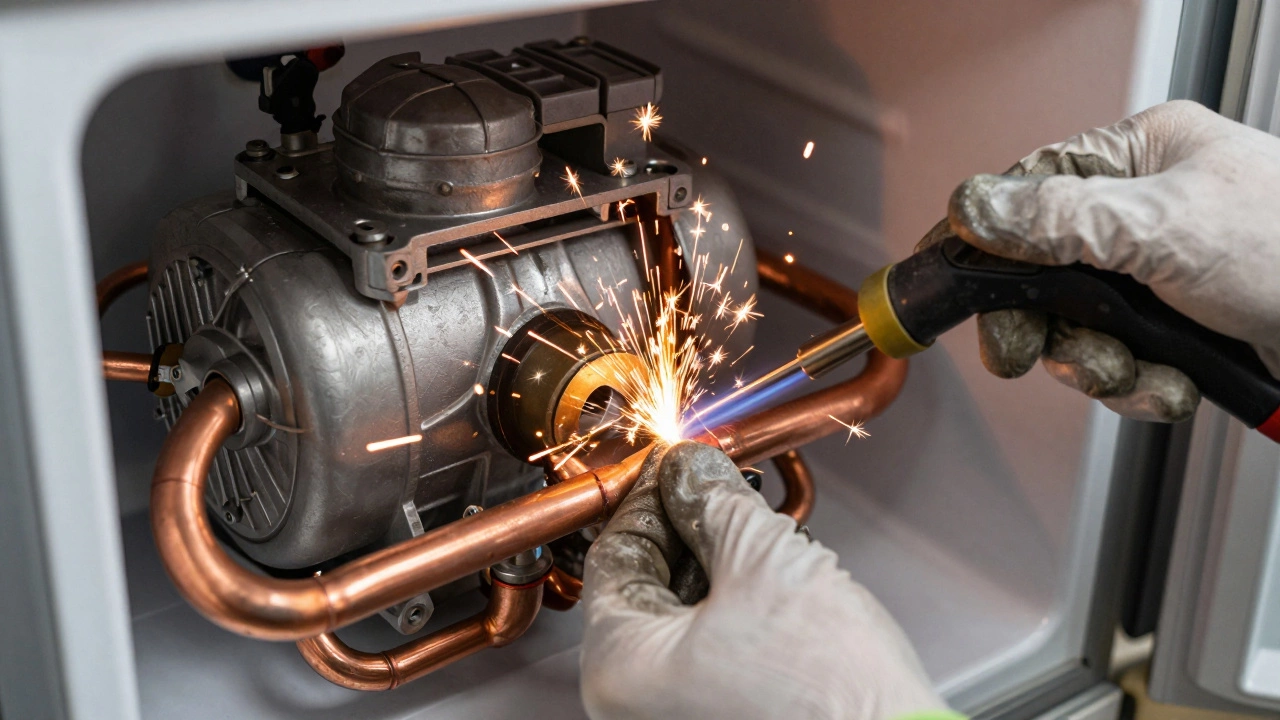 A technician using a torch to weld copper pipes on a fridge compressor