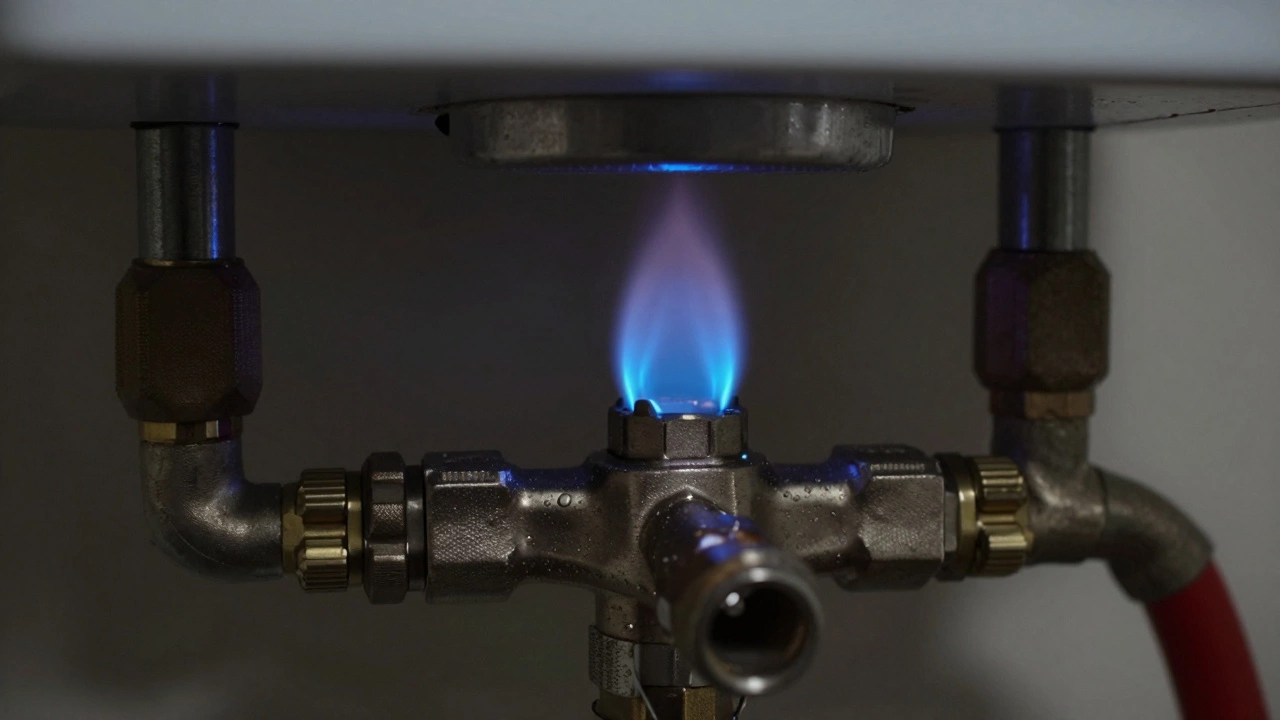 Close-up of a blue pilot light flame on a gas water heater burner.