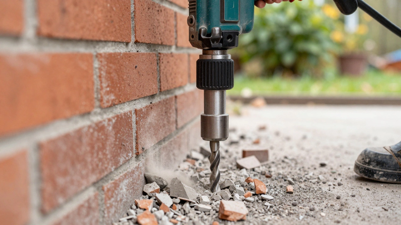 Close-up of a drill with vacuum extraction removing brick dust from an external wall