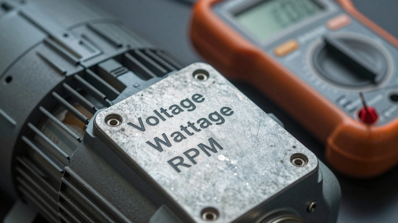 Close-up of a fan motor data plate with a multimeter in the background