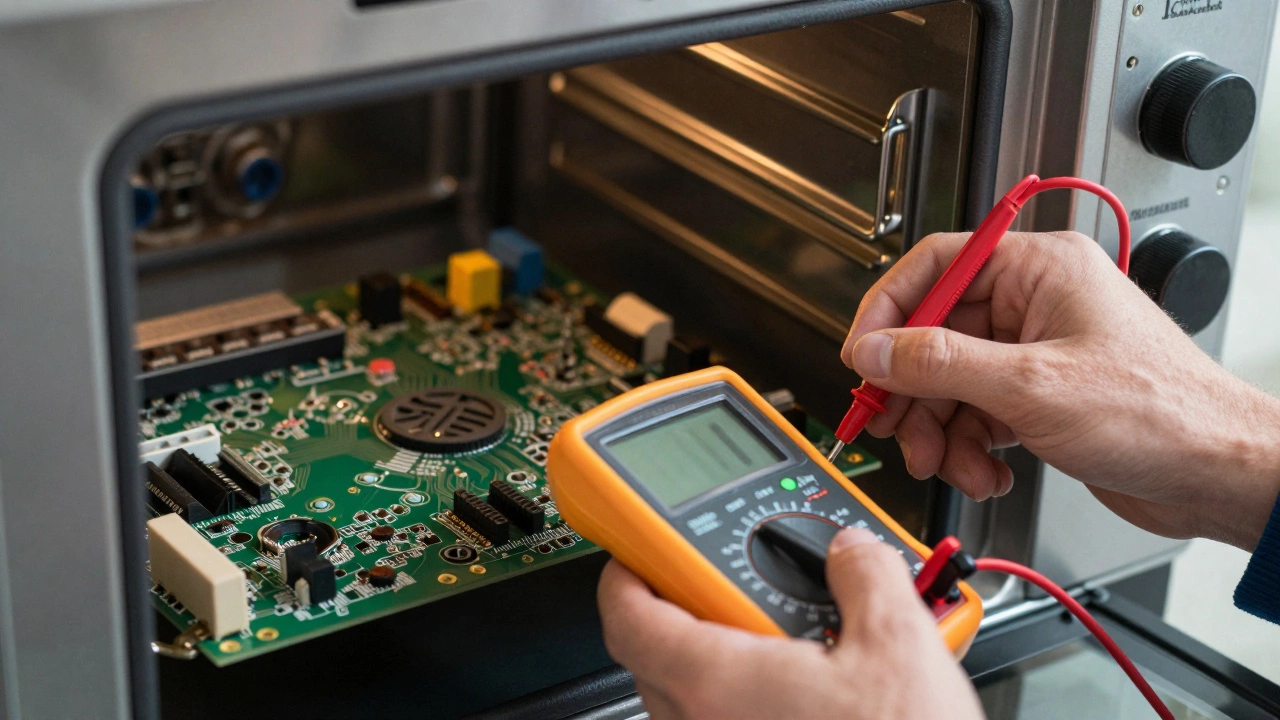 Close-up of a technician testing an appliance circuit board with a digital multimeter