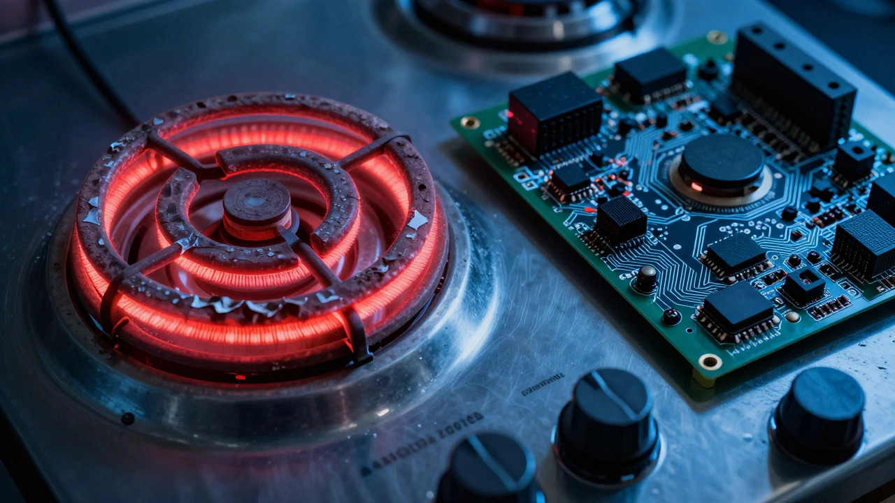 Comparison between a worn-out heating coil and a complex electronic stove control board.