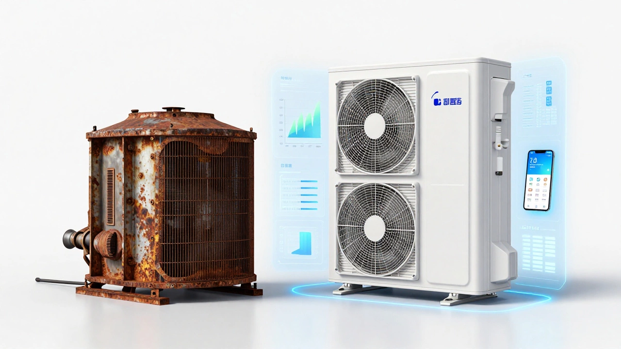 Comparison of a corroded old heat pump part and a modern high-efficiency unit