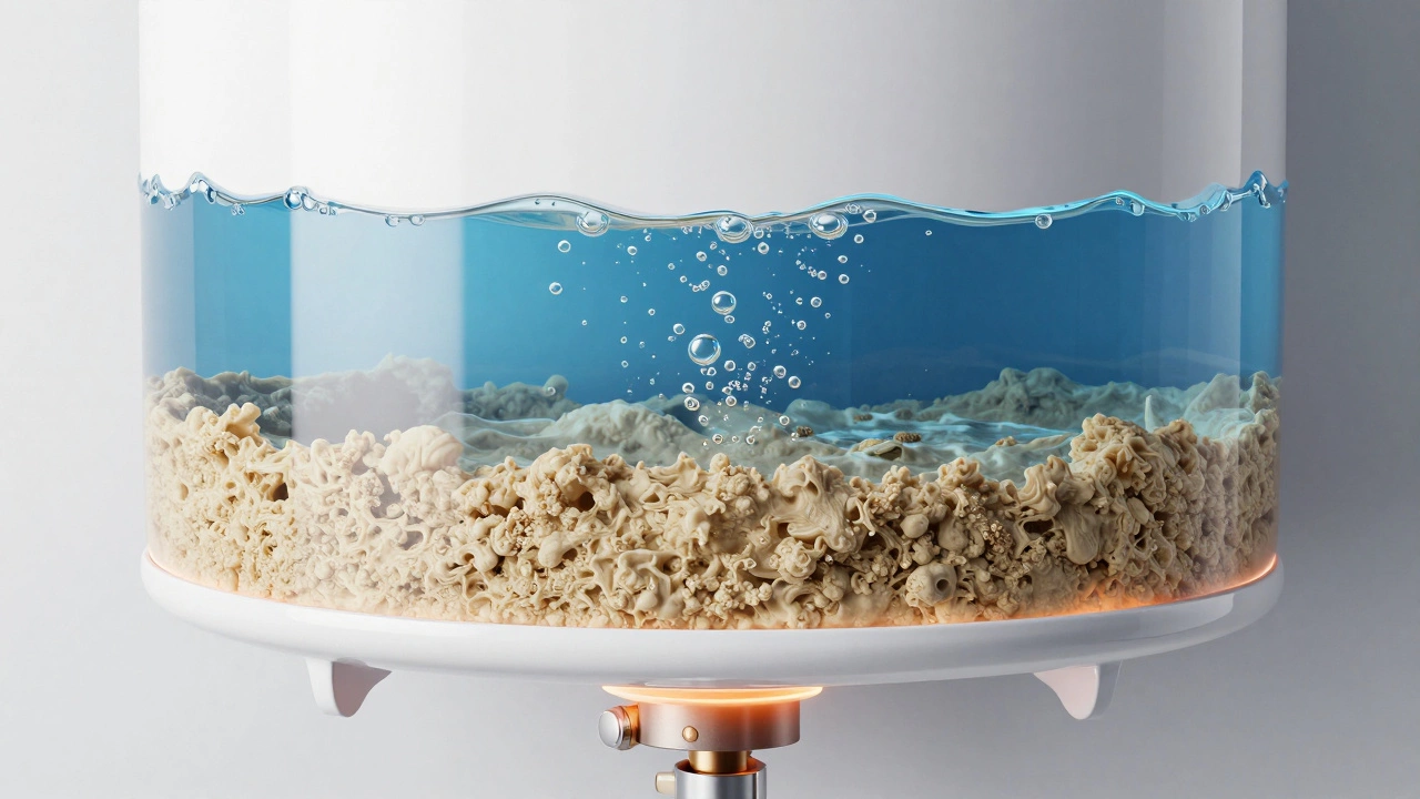 Cutaway view of a water heater tank showing sediment buildup at the bottom.