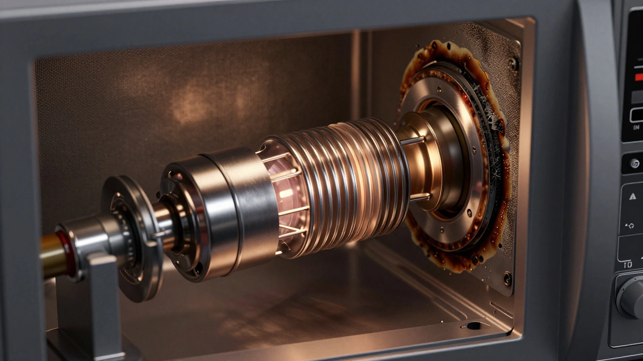 Detailed 3D view of a failing microwave magnetron and burnt waveguide cover