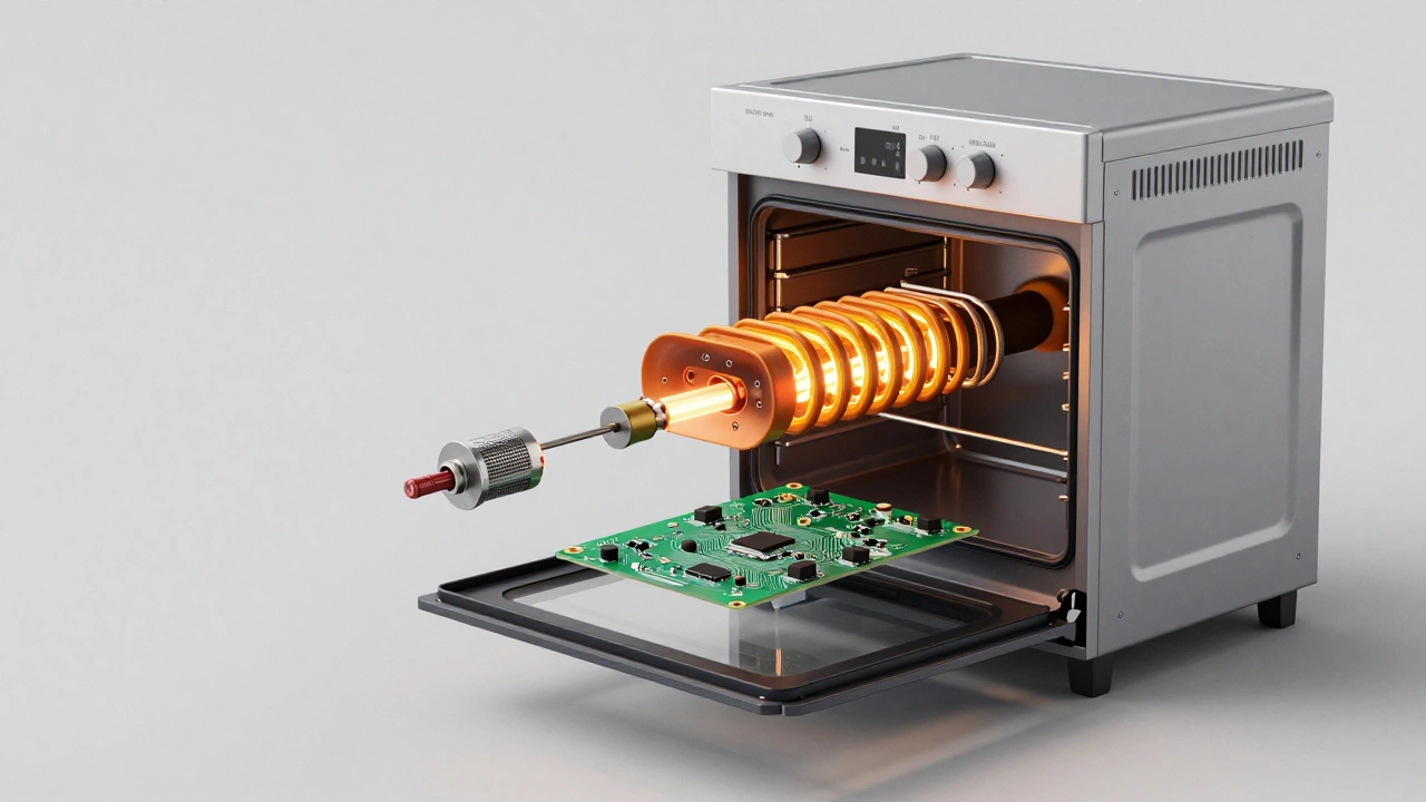 Floating oven heating element, thermostat, and control board