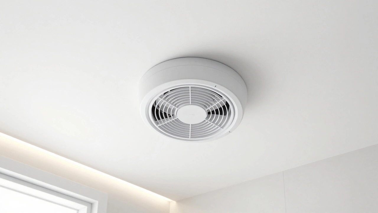 Newly installed white modern extractor fan in a bright bathroom ceiling