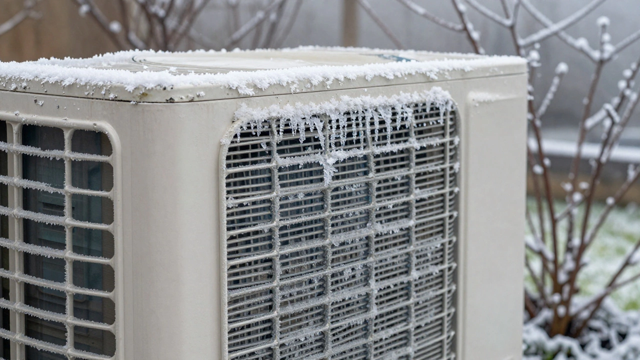 Outdoor heat pump unit covered in thick ice and frost during winter